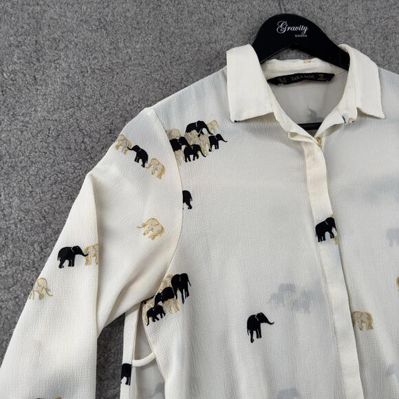 Zara Basic Womens Long Sleeve Blouse Elephant Print Sheer Button Up Shirt Medium - Picture 3 of 9